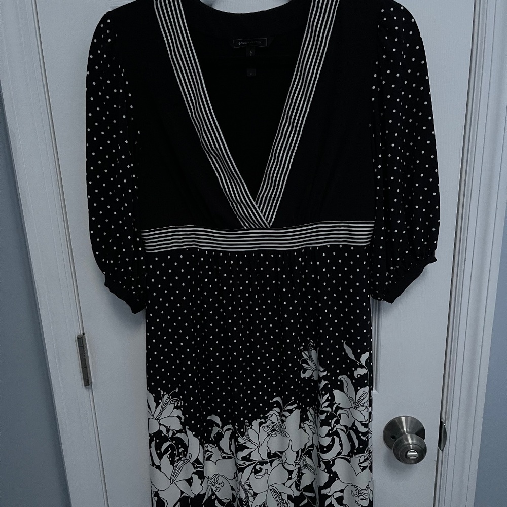 BCBGMaxazria black white floral polka dot dress V-neck medium